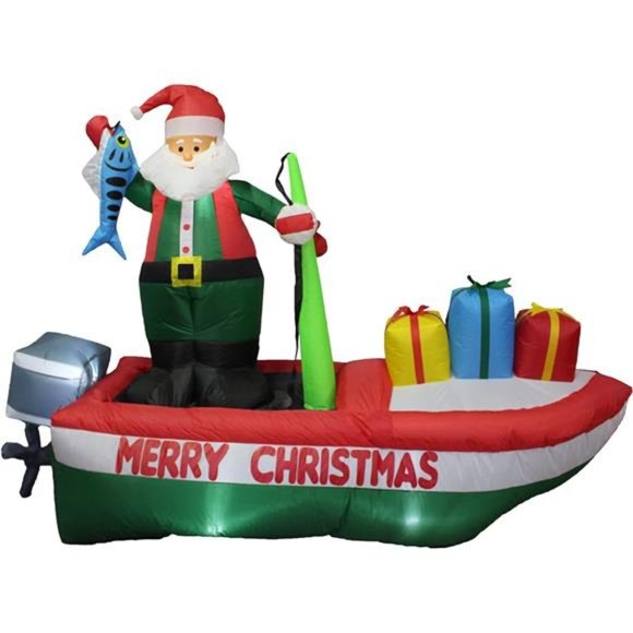 8 Ft Long Inflatable Santa Claus on a Fishing Boat